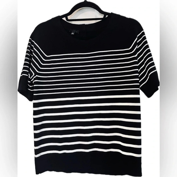 TALBOTS Black & White Stripe Cotton Blend, Short Sleeve Sweater, Medium - Picture 1 of 5
